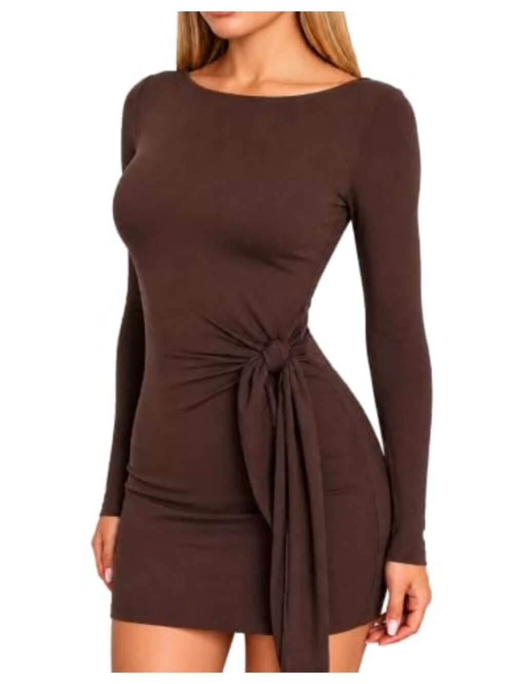 Long Sleeve Bodycon Mini Dress Side Tie Boat Neck Fall Club Party